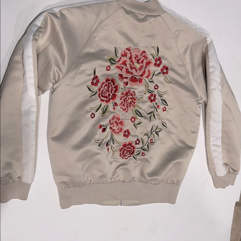 Forever 21, silk flower embellished bomber jacket